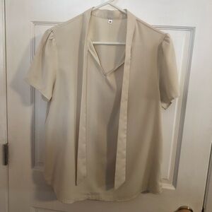 Cream Short Sleeve Tie-Neck Blouse